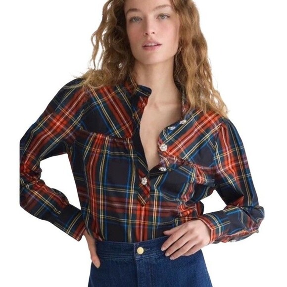 J. Crew Womens Jeweled Button Popover Tunic in Stewart Tartan NWOT - Picture 1 of 8